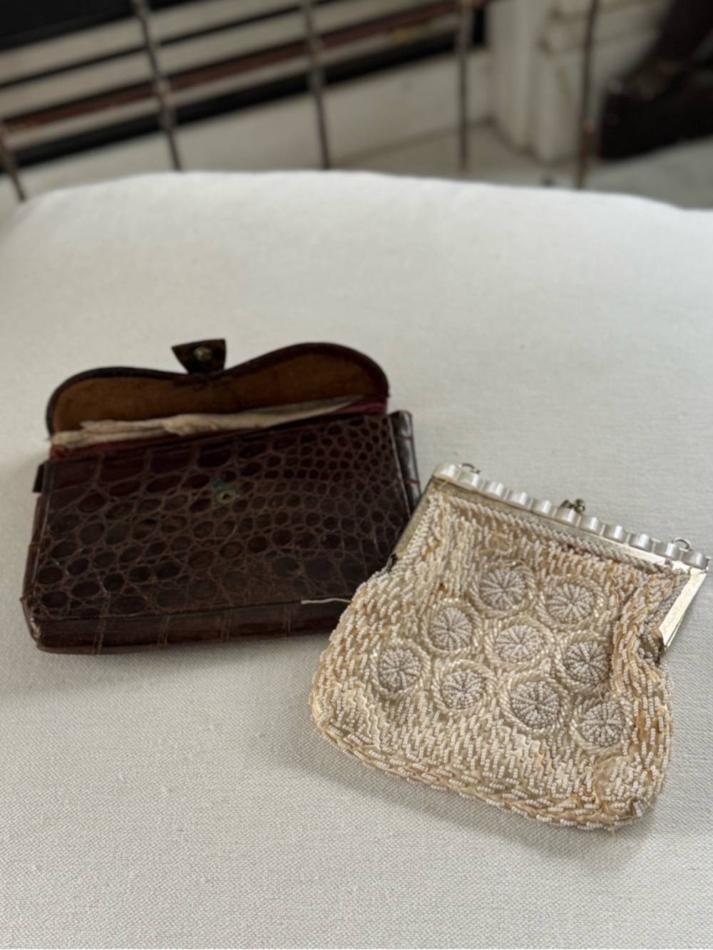 Vintage Beaded Cream Evening Purse & Alligator clutch
